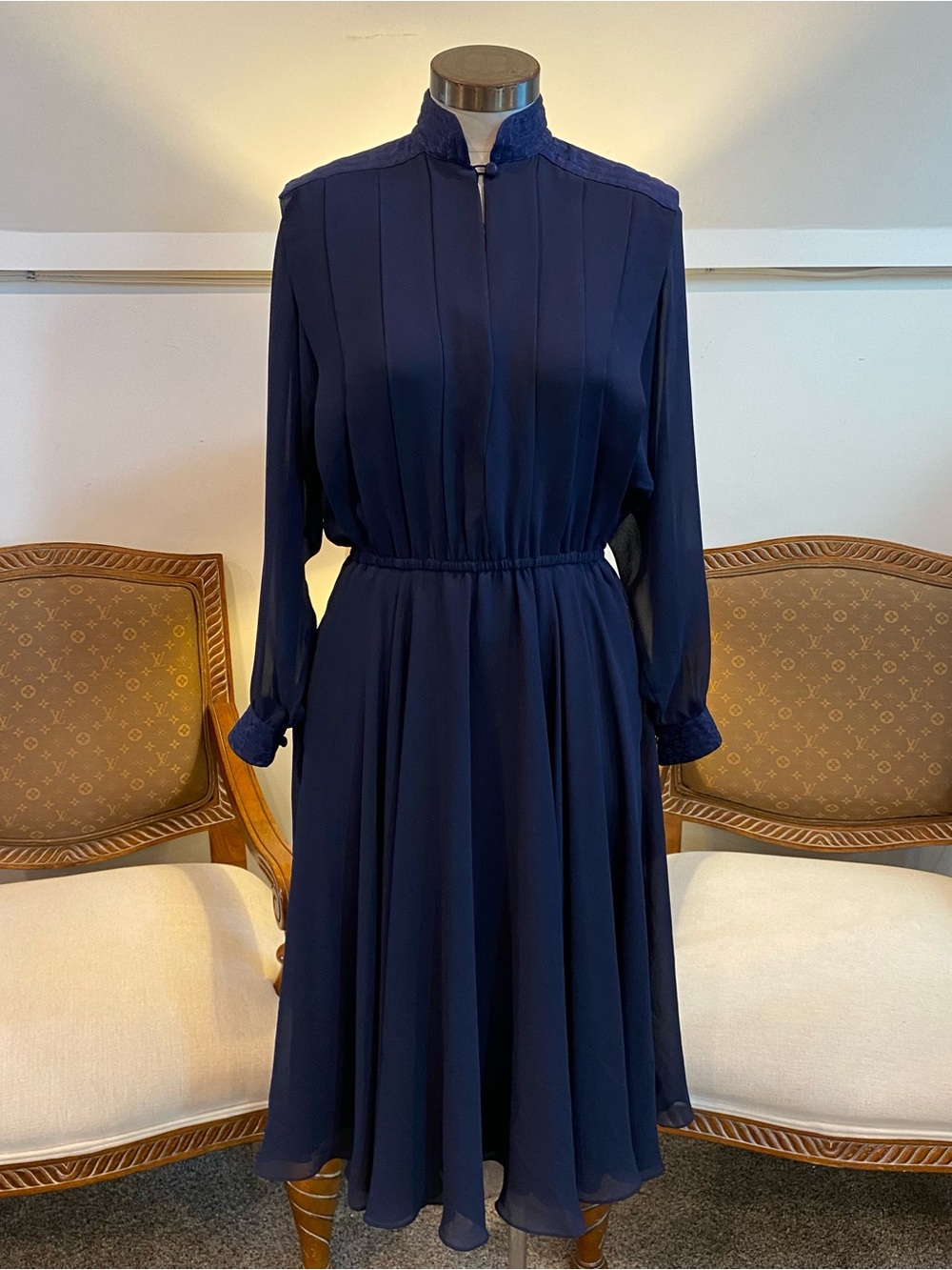 70s Vintage Pierre Cardin Boutique Navy Blue Crepe Silk Midi Dress Collar Pleats